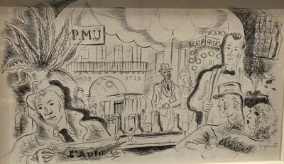 drawing of a group of people sitting at a table in a restaurant