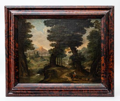 a painting of a wooded landscape with a man and a dog