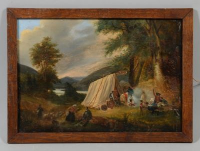 tableau représentant un groupe de personnes assises autour d'un feu de camp dans un décor boisé