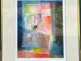aquarelle encadrée représentant une fenêtre avec un chat à l'intérieur