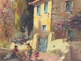 a painting of a couple riding a horse down the street