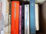 plusieurs livres superposés dans une boîte