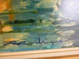 une peinture à l'huile représentant un bateau sur un plan d'eau, avec le ciel en arrière-plan