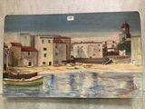 une image d'une peinture d'une ville au bord de l'eau