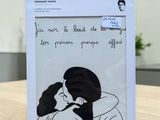 a white bag with a drawing of a man hugging a woman