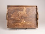 an old wooden tray with a picture of a castle on it