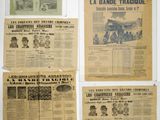 several old newspapers are displayed on a wall in a room