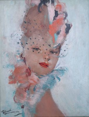 une peinture à l'huile représentant une femme portant un chapeau orné de fleurs