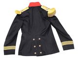a black jacket with gold buttons and a red collar