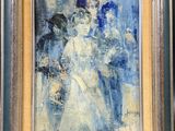 un tableau représentant une femme en robe blanche tenant un parapluie bleu