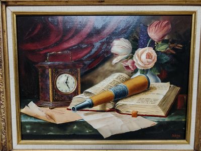 une peinture représentant un livre et une horloge posés sur une table