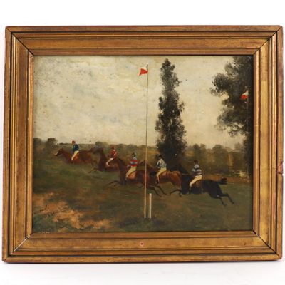 tableau représentant une course hippique avec des jockeys sur la piste