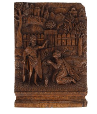 Panneau en chêne sculpté en bas-relief représentant le Noli …