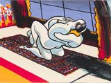 painting of a polar bear sitting on a rug in front of a window