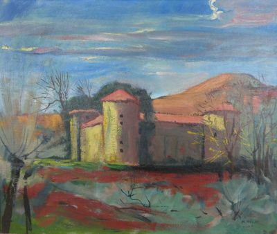 an oil painting of a house in the middle of a field