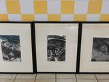 three black and white photos of people in a bathroom