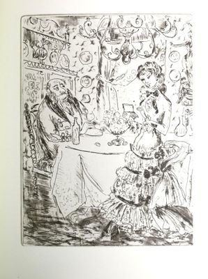 illustration représentant une femme assise à table avec un homme lors d'un dîner