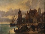 une image représentant un tableau montrant des personnes sur une plage près d'un château
