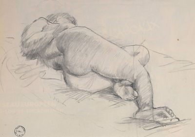 dessin au crayon représentant une femme nue allongée sur le ventre