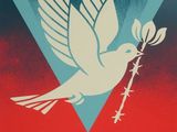 a red and blue poster with a white dove holding a twig