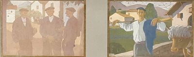 tableau représentant un homme portant une croix et une femme tenant un oiseau