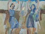 tableau représentant trois femmes en robe bleue tenant un parapluie bleu au-dessus de leur tête