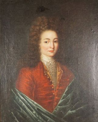 portrait d'un homme vêtu d'un manteau rouge et d'un châle vert
