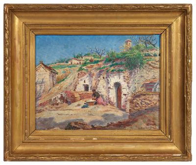 un tableau représentant une scène de village avec une femme assise par terre