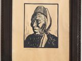 un dessin en noir et blanc représentant une vieille femme coiffée d'un chapeau