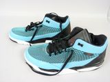 pair of blue and black air jordans on a white surface