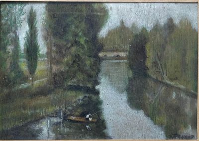 un tableau représentant une rivière avec un bateau dessus