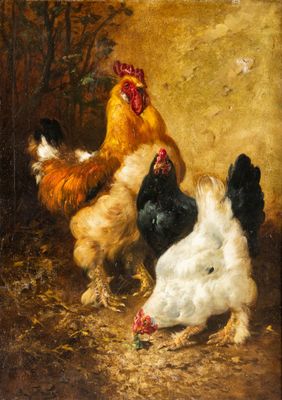 une image représentant une peinture montrant des poules et des coqs dans une cour de ferme