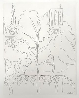 drawing of a drawing of a tree with a building in the background