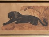 painting of a black panther laying on a rock in a frame