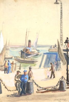un tableau représentant un groupe de personnes debout sur un quai