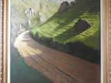painting of a dirt road in a green field with a mountain in the background