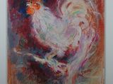an oil painting of a rooster on a branch in a white frame
