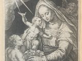 une gravure représentant la Vierge à l'Enfant entourée d'anges