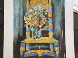 une photo d'un tableau représentant une chaise sur laquelle sont posées des fleurs