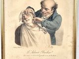 an old picture of a man cutting a woman ' s hair with scissors