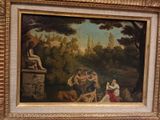 a painting of a group of people in a park