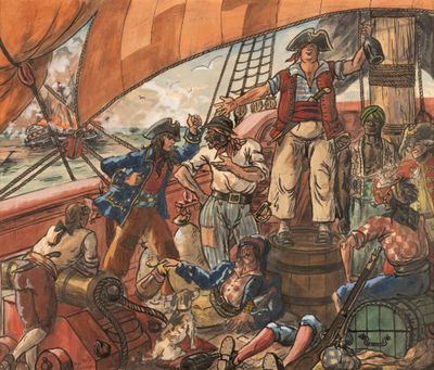 un tableau représentant un homme sur un bateau avec des personnes à bord