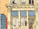 dessin représentant un homme et une femme assis sur un banc devant un immeuble