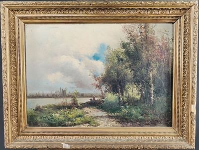 une image d'une peinture représentant un paysage avec des arbres et une rivière