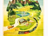 une affiche représentant un train sur les rails, avec des montagnes en arrière-plan