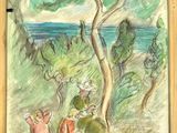 painting of two people sitting under a tree by the water