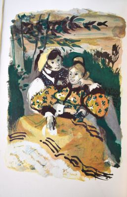 tableau représentant une femme et un enfant assis sur un banc dans un parc