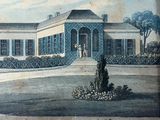 a picture of a painting of a house in the middle of the day