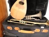 a suitcase with a musical instrument inside of it