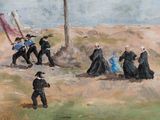 un tableau représentant un groupe de personnes marchant dans un champ